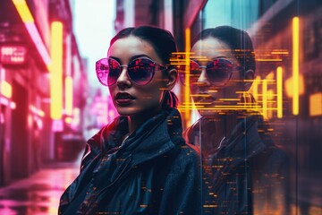 Obraz premium Young woman on the street in neon color, Cyberpunk
