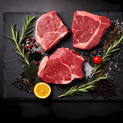 Fresh raw meat on slate black board top view, Variety of beef steak, spices, seasoning for cooking, grilling, diet, restaurant, food, cousine, healthy