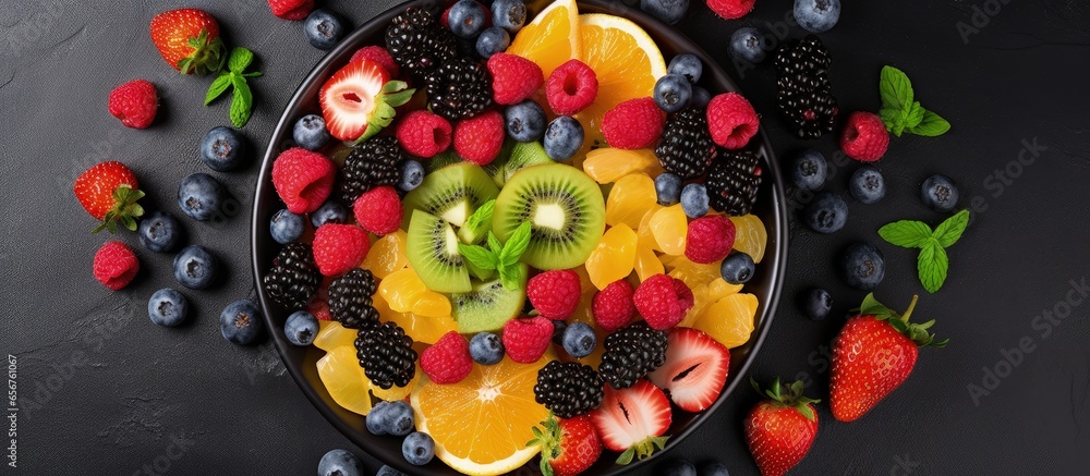 Poster creating a flavorful fruit salad with various fruits and berries displayed from above with copyspace