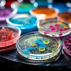 cultivating colonies of microorganisms in petri dish microbiology, laboratory, research, test tubes, scientist - obrazy, fototapety, plakaty