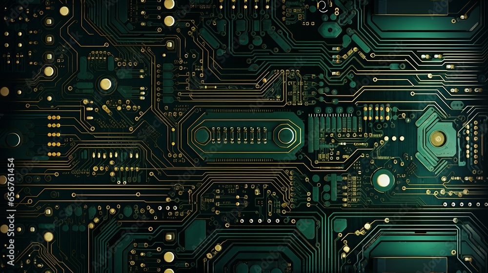 Poster technology background featuring a futuristic motherboard circuit concept and a green processor. elec