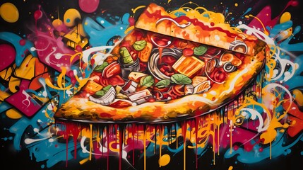 A bold composition features a pizza slice hovering above a spray paint can, where vibrant colors...