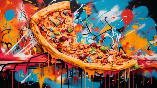 A bold composition features a pizza slice hovering above a spray paint can, where vibrant colors burst forth, seamlessly blending with the slice's toppings. 