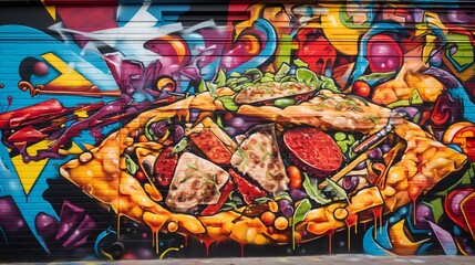 Naklejka premium A bold composition features a pizza slice hovering above a spray paint can, where vibrant colors burst forth, seamlessly blending with the slice's toppings. 