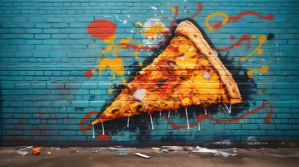 Obraz premium A bold composition features a pizza slice hovering above a spray paint can, where vibrant colors burst forth, seamlessly blending with the slice's toppings. 