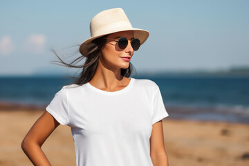 Young woman in white T-shirt on the background of the sea - obrazy, fototapety, plakaty