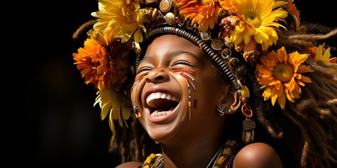 happy african child with flower decoration in hair
