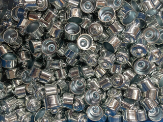 zinc plated expansion plug, metal cap, a lot of silver colored metal parts, silver zinc plated, mass production, metalworking industry automotive components, horizontal