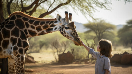 Generative AI, child, boy or girl petting a tall spotted giraffe on a safari in the wild, reserve, Africa, national park, zoo, animal and human, travel, feeding, care, children, kid, naturalist - obrazy, fototapety, plakaty