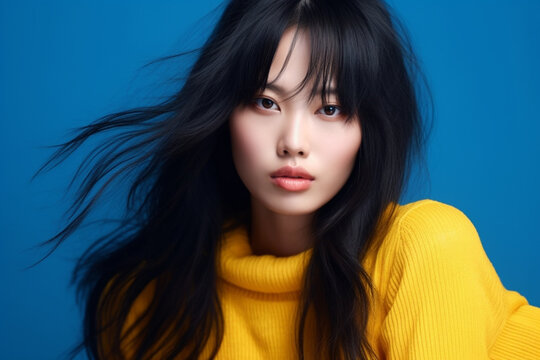 Beautiful close up portrait of a japanese model with black hairs, wearing yellow clothes, blue background, realistic, photo shot, sunny, clean