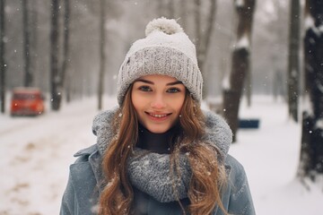 Portrait of a young woman in a winter snowy forest