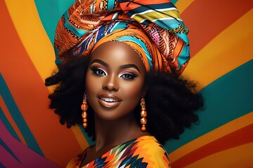 close up portrait beautiful African girl wearing headwrap colorful vibrant tone color, Generative Ai