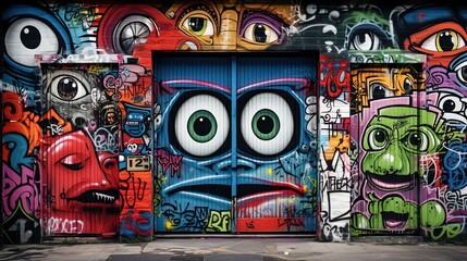 graffiti on wall cartoon design, funny face and alien things, Generative Ai