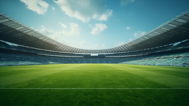 Photo of an empty soccer stadium with a vibrant green field