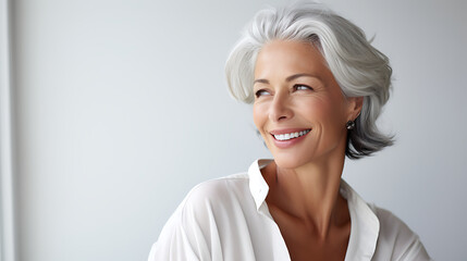 portrait of a woman, skin care, grace and charm of a mature woman whose ageless skin reflects her vibrant spirit example of the beauty found in self-confidence and self-expression, elegance, ageless - obrazy, fototapety, plakaty