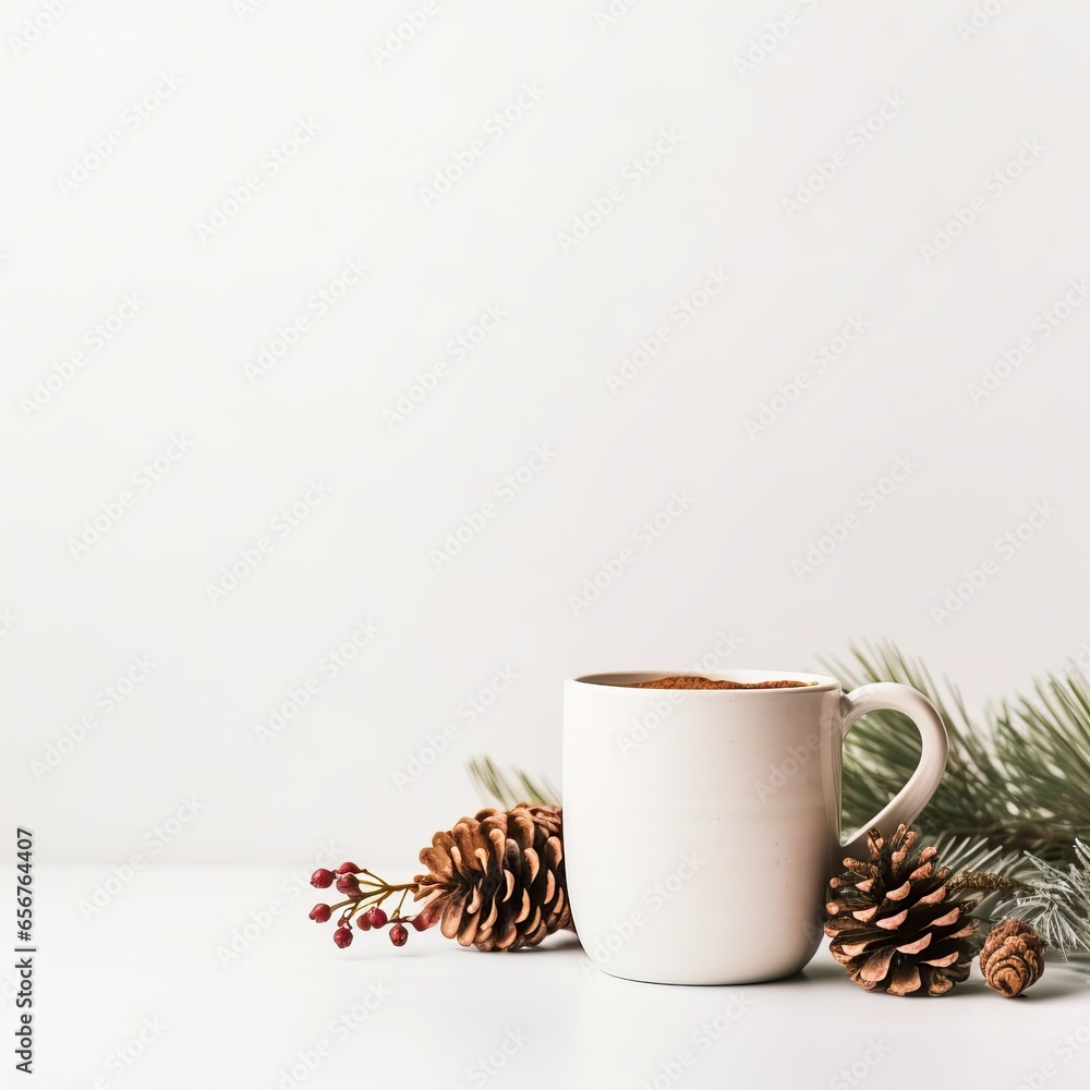 Wall mural Cozy winter decorative composition in white and beige colors, warm winter decor with coffee cup and candles on white background with copy space