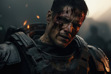 Fototapeta premium A battlehardened fighter with a prominent scar running down one side of his face, serving as a constant reminder of the countless battles he has survived.