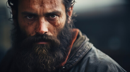 Obraz premium His rugged features were accentuated by a thick, unruly black beard with hints of grey. The intensity in his dark brown eyes conveyed a sense of determination and fearlessness.