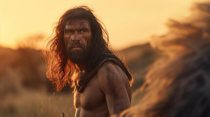 Illuminated by a fiery sunset, a Neanderthal with a robust physique and a thoughtful expression appears deeply connected to the land, surrounded by tall grasses and rolling hills. - obrazy, fototapety, plakaty