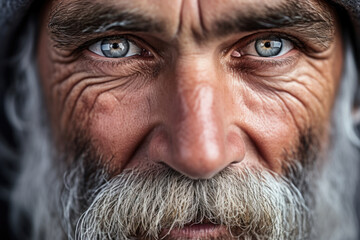 Deepset, steely gray eyes exude an aura of wisdom and experience, complemented by a saltandpepper beard.