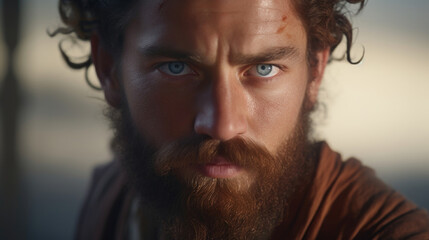 Striking hazel eyes stand out against a backdrop of auburn curls, while a braided beard gently frames a fiercely focused face.