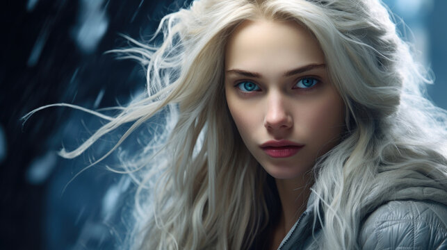 Long, icy blonde locks cascade across a face carved with a strong chin and captivating iceblue eyes that hint at mischief and curiosity.