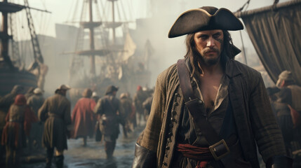 A pirate with a rugged and scarred face, wearing a tricorn hat and standing against the backdrop of...