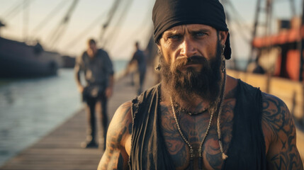An intimidating, tattooed pirate with a hook for a hand, standing on a dock with a bustling harbor...