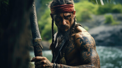 Fototapeta premium On a deserted island, a rugged pirate with an elaborate collection of tattoos stands boldly, a sword in each hand. The intricate inkings on his body reveal tales of dramatic escapades and