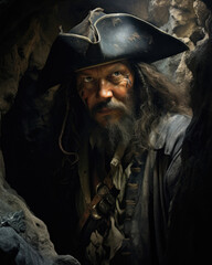 A sly and sneaky pirate, spying from the shadows, portrayed against a backdrop of a dark and eerie...