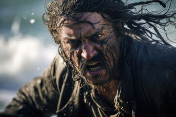 A fearsome and battlehardened pirate, with a large scar across his face, depicted against a backdrop of a raging sea and crashing waves.