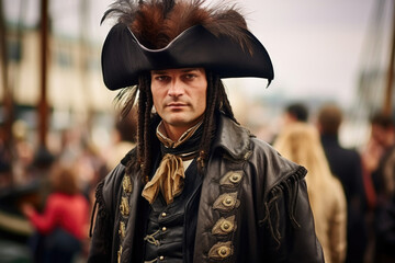 An elegant pirate, dressed in a velvet coat and feathered hat, stands proudly on the dock of a...