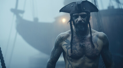A weatherbeaten pirate, with a large anchor tattooed on his forearm, stands at the wheel of a ship...