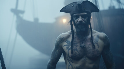 A weatherbeaten pirate, with a large anchor tattooed on his forearm, stands at the wheel of a ship amidst a dense fog, the haunting melody of a distant siren filling the air.