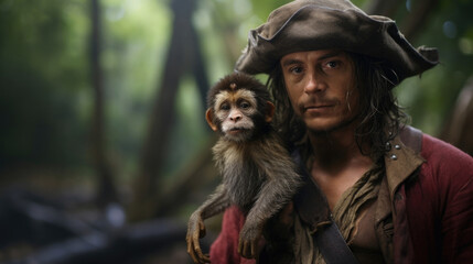 Fototapeta premium A pirate with a scarred face and an elaborate trinketadorned hat stands against a background of lush rainforest, hugging a monkey to his side.