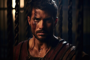A formidable gladiator, donned in a stained tunic, standing in a darkened prison cell, ready to fight for his freedom.