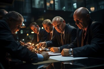 A group of concerned government officials and financial regulators in a meeting room, discussing strategies to stabilize the banking sector during a financial crisis - obrazy, fototapety, plakaty