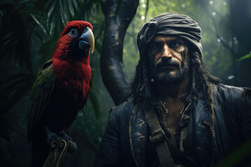 Hidden amidst a dense jungle, a stealthy pirate with a parrot perched on his shoulder peers through...