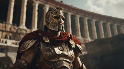 A tenacious warrior, his face partially covered by a fierce lion mask, standing in front of a grand Roman colosseum. - obrazy, fototapety, plakaty