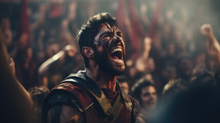 A stoic gladiator, his face adorned with war paint, is portrayed against the backdrop of a roaring crowd in the stands, their cheers amplifying his fighting spirit. - obrazy, fototapety, plakaty