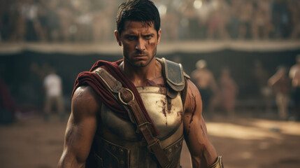 An intimidating gladiator with a fierce expression is captured against the backdrop of an amphitheater under construction, indicating the gladiators role in shaping Roman society.