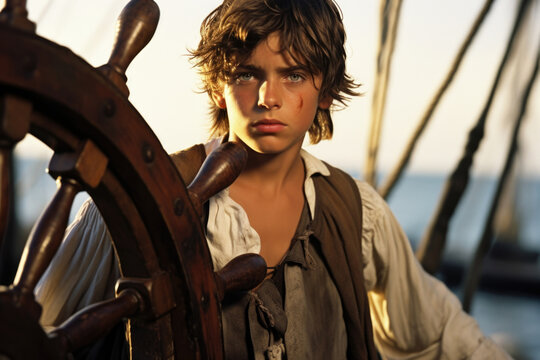 A young pirate, freshfaced and full of vigor, can be seen aboard a pirate ship, his hands tightly gripping the ships wheel as he steers through calm waters.