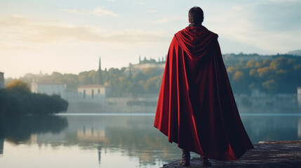 Standing on the banks of the Tiber River, a legionnaire gazes out into the horizon, his red cape fluttering in the wind, creating a striking contrast against the calm waters. - obrazy, fototapety, plakaty