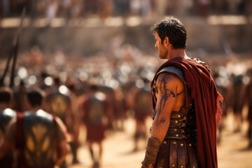 Amidst a crowd of eager spectators in a Roman arena, a legionnaire stands tall and confident, his expert swordsmanship captivating the crowd as he takes down foes one by one.