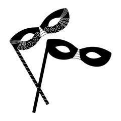 Two black and white masquerade masks on sticks, vector illustration for Mardi Gras and Purim - obrazy, fototapety, plakaty