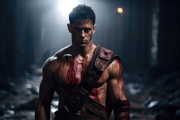 Fototapeta na wymiar A battlescarred fighter, his strong arms crossed over his chest, standing in a dimly lit underground gladiator arena.