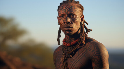 A tribesman, marked with intricate scarification, stands proudly on a hill overlooking a vast savanna, reflecting the nomadic nature of his people.