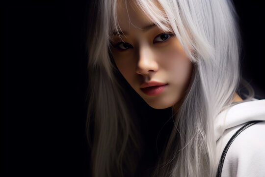 Beautiful close up portrait of a japanese model with white hairs, wearing white clothes, black background, realistic, photo shot, sunny, clean