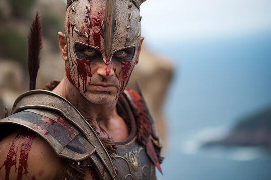 An intense gladiator, his face covered in war paint, standing on a rocky cliff overlooking a jagged coastline.