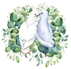 Białe gołębie ślubne dekoracja ilustracja - obrazy, fototapety, plakaty